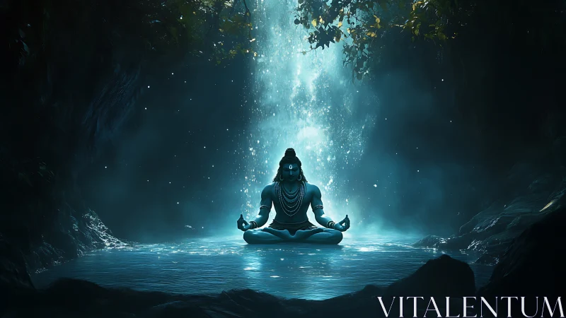 Mystic blue yogi meditating beneath a glowing forest waterfall.
