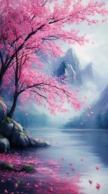 Serene cherry blossom lake shimmers beneath misty peaks