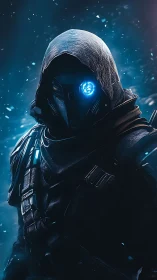 Hooded cybernetic soldier stands in blue frozen haze