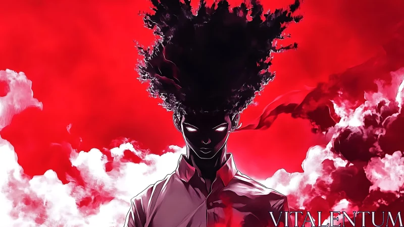 Storm-lit silhouette in crimson clouds of charged power.