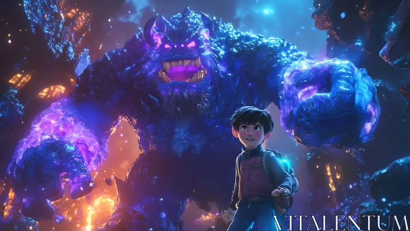 Boy and large glowing monster in luminescent cavern environment.