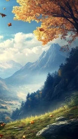 Autumn mountain valley scene shows golden tree and distant peaks