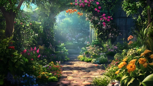 Stone garden path passes under dense flowering archway