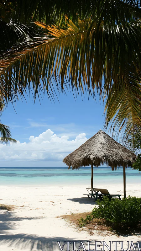 Tropical Beach Parasol Framed by Palm Fronds and Turquoise Waters.