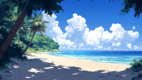 Tropical Beach Scene with Palm Trees and Ocean.