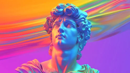 Neon-lit classical bust gazes upward in radiant gradients