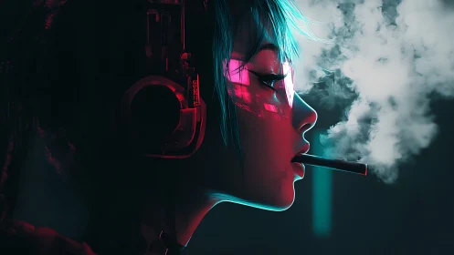 Neon lit cyber girl pausing in a cloud of electric calm.