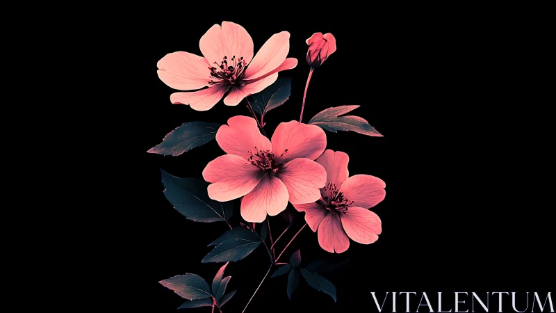 Pink cosmos flowers with dark foliage on black background.