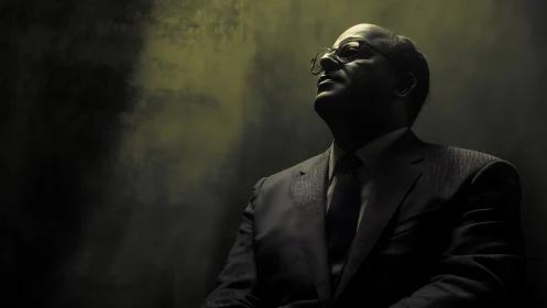 Man in suit gazes upward under dramatic low-key light.
