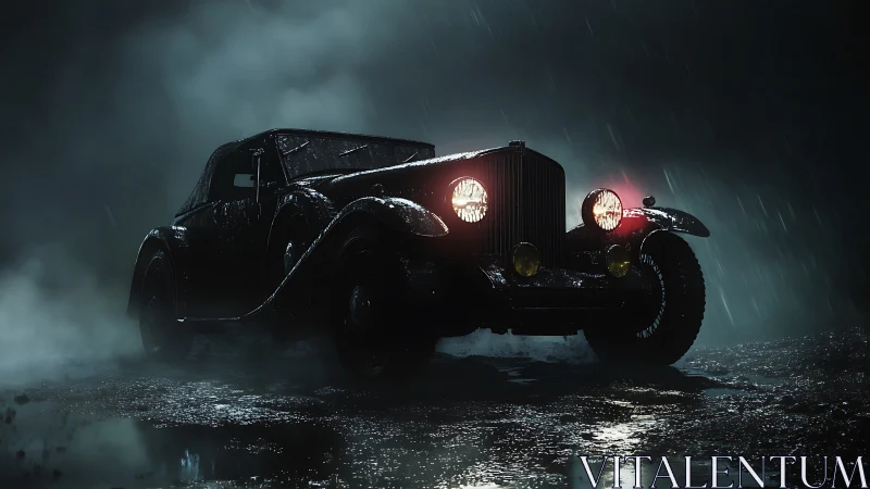 Midnight vintage car waits in the rain with glowing lights
