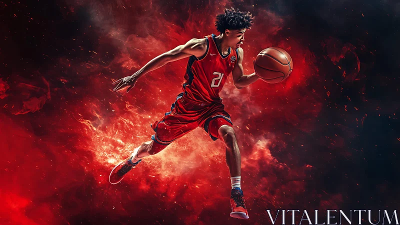 Explosive basketball dunk amid swirling red energy storm.