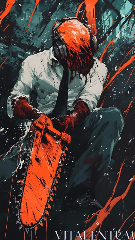 Chainsaw-headed figure seated in dynamic splatter composition