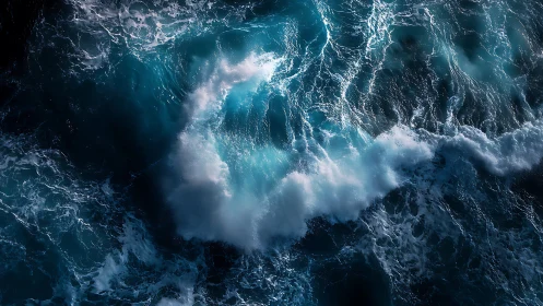 Storm-tossed teal breakers swirling in moonlit ocean fury.