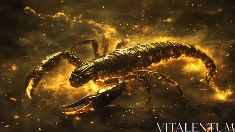 Scorpion-shaped molten form in luminous golden environment.