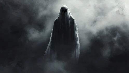 Shrouded ghostly figure emerging within stormy swirling fog.