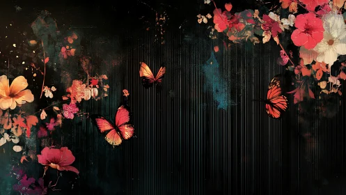 Butterflies move across florals on a dark textured field