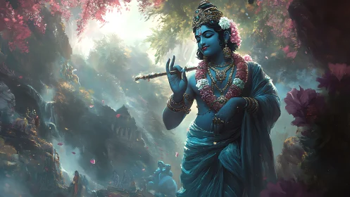 Blue flute-bearer serenades a misty enchanted valley.