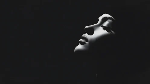 High contrast side-lit female profile isolates sculpted facial planes