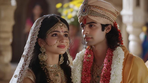 Indian wedding couple in ornate traditional attire and jewelry