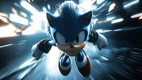 Blue hedgehog hero dashes through a glowing speed tunnel.