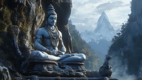 Large seated deity statue in mountain valley landscape scene.