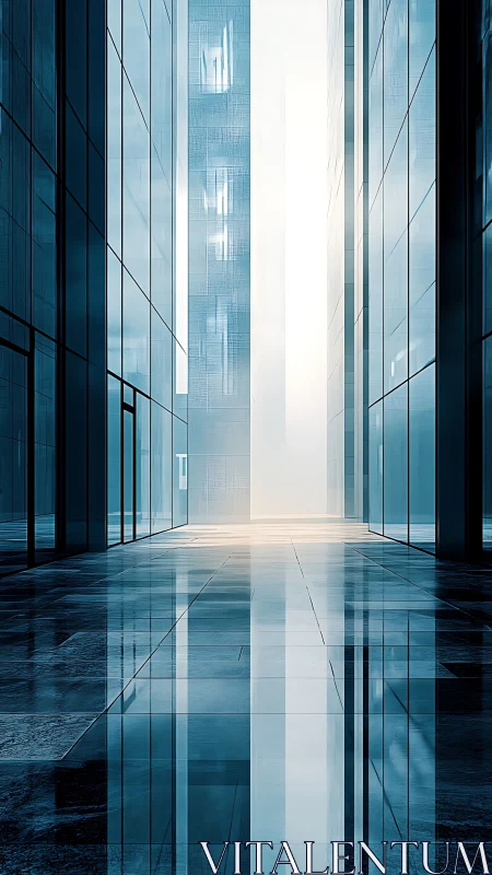 Glass corridor between futuristic blue office towers.