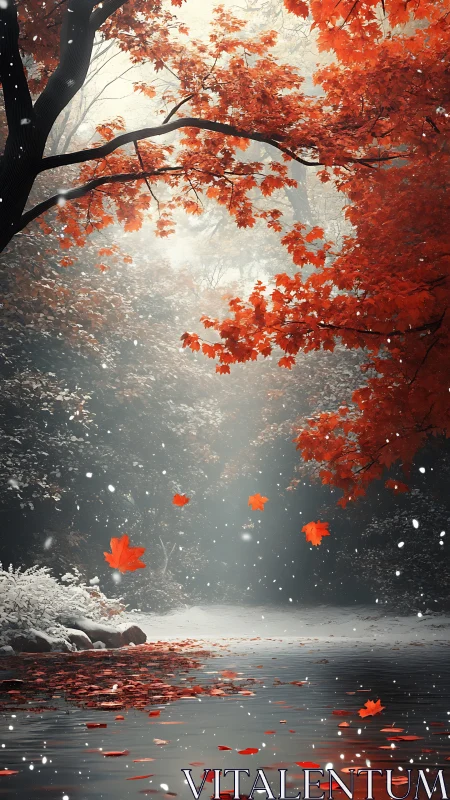 Transitional autumn river under diffuse snowfall illumination.