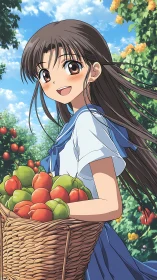 Anime girl carrying woven basket of fruit in orchard setting.