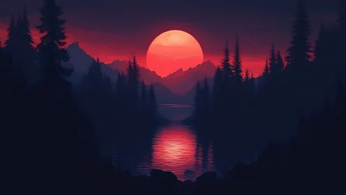 Red sun over conifer forest lake with distant mountains.