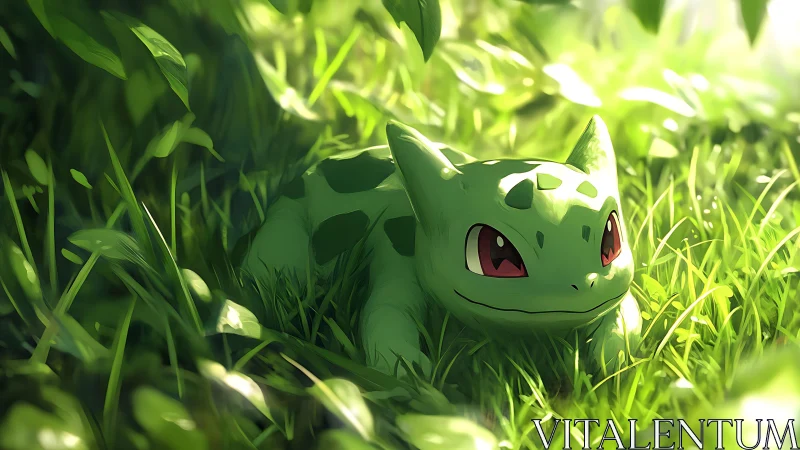 Gentle forest Bulbasaur resting in golden morning light.