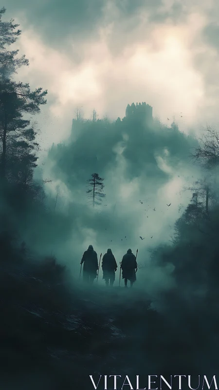 Three cloaked travelers approach ruined castle in fog.