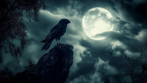 Midnight raven keeping quiet watch beneath the full moon.