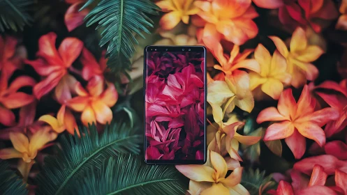 Smartphone lies among tropical foliage and flower elements