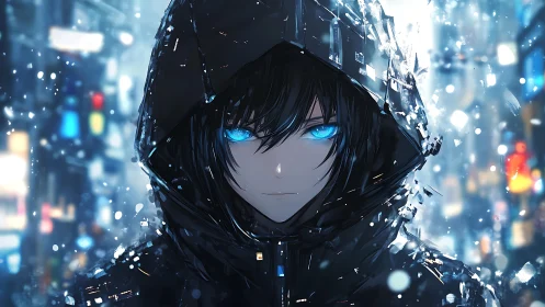 Hooded cyberpunk figure with glowing blue eyes in snowfall