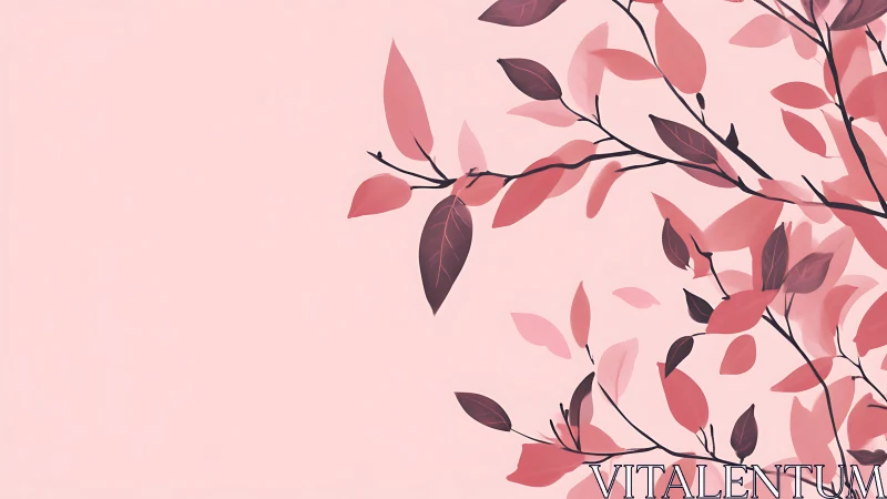 Soft pink branches with overlapping red leaves on pastel background.