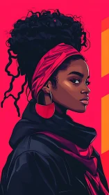 Side profile illustration of woman in headwrap and scarf.