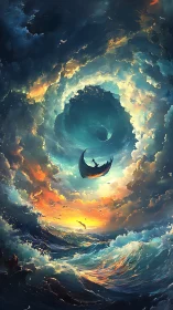 Vortical sky-ocean singularity with ascending crescent vessel.