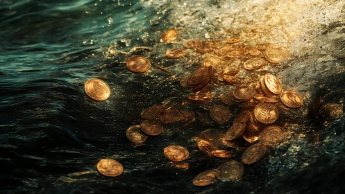 Golden tide of scattered coins swirling through dark water.