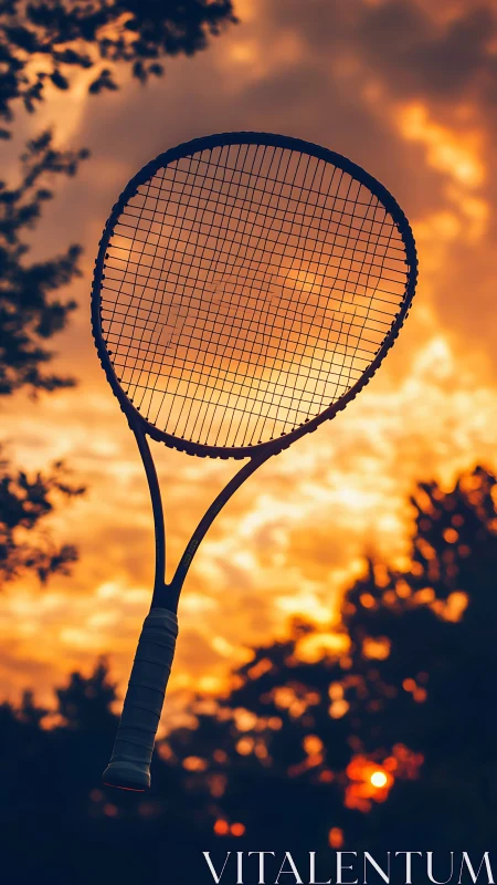 Tennis racket silhouette quietly volleys the glowing sunset sky