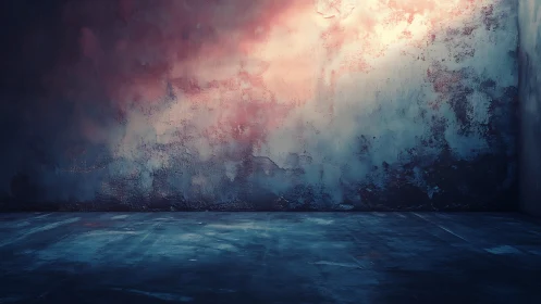 Empty textured room with blue floor and pink light glow.