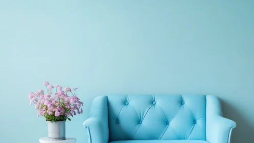 Pastel blue sofa and pink flowers in minimalist living room.