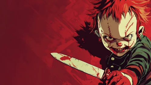 Sinister stitched doll holding bloodied knife in red scene.