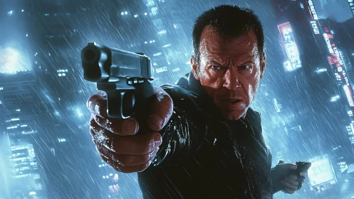 Intense rain soaked hero holds steady aim in neon city