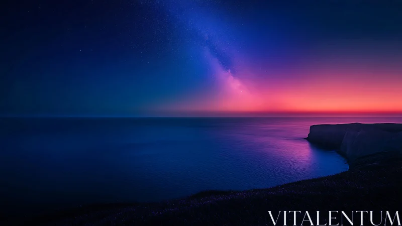 Photorealistic seascape with neon dusk gradient and cliff horizon.