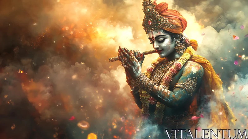 Divine flutist rendered in high-saturation ethereal color dynamics