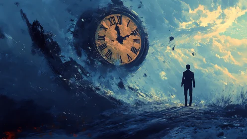 Solitary figure confronting swirling cosmic clockscape.