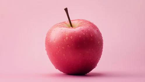 Single dewy pink apple stands against soft pastel backdrop