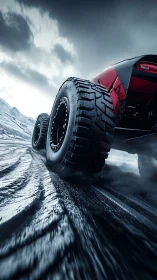 Off-road truck powers through icy mountain road in storm