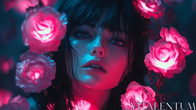 Dreamy neon portrait surrounded by glowing pink roses.