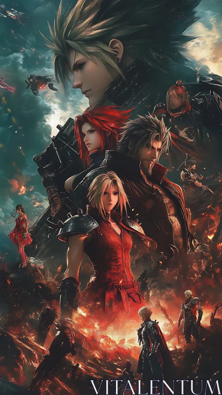 Heroic anime warriors rise amid burning futuristic ruins.